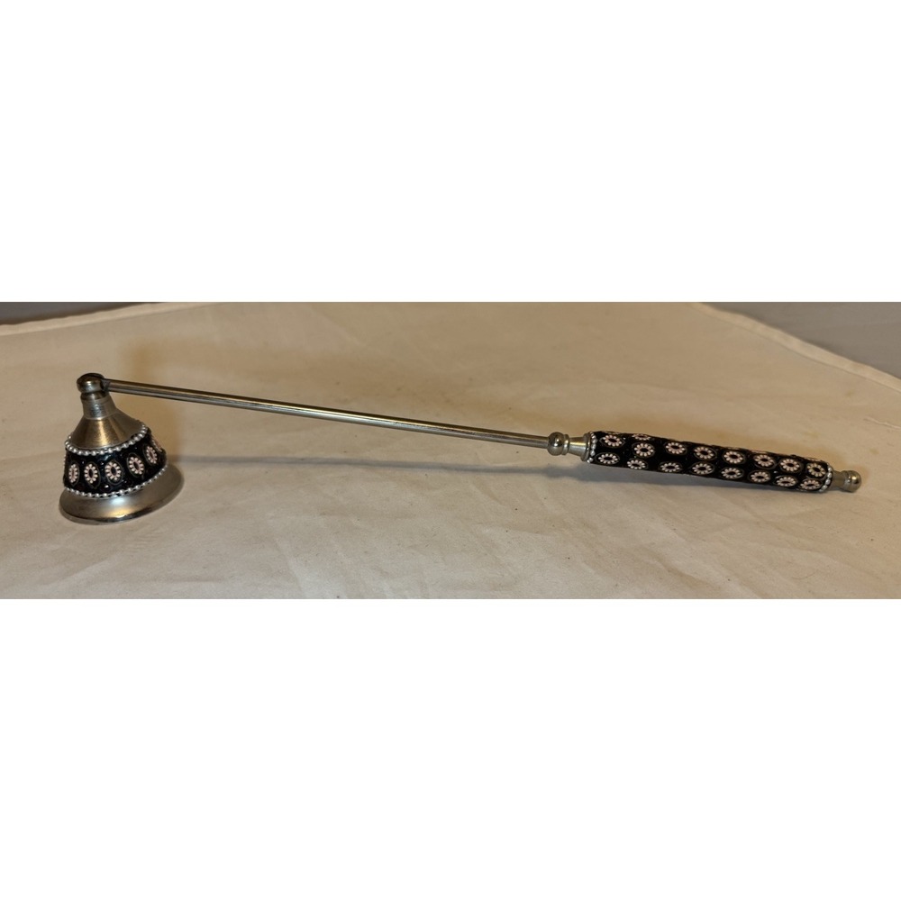 Rhinestone Enameled Jeweled Pattern Candle Snuffer Black MCM 12.5 VTG